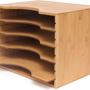 Bamboo and Wood Four-Compartment File Storage Box | Magazine and File Desktop Organizer