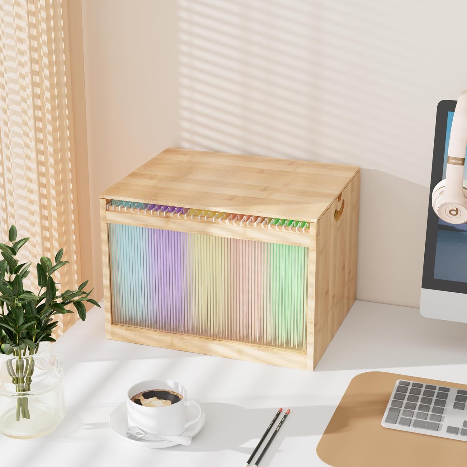 Bamboo and Wood Transparent Combination File Storage Box | Dustproof Hanging File Organizer